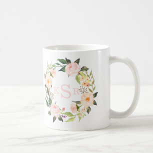Vintage rosafarbene Rosen Floralkranz mit Monogram Kaffeetasse