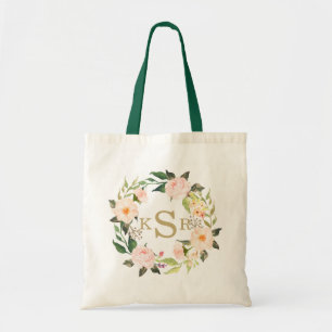 Vintage rosafarbene Rosen Floralkranz mit Monogram Tragetasche