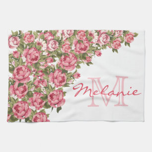 Vintage rosafarbene Rosen Pfingstrosen Name, Monog Geschirrtuch