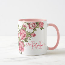 Vintage rosafarbene Rosen Pfingstrosen Name, Monog