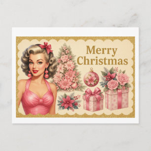 Vintage rosafarbener Weihnachtsbaum Postkarte