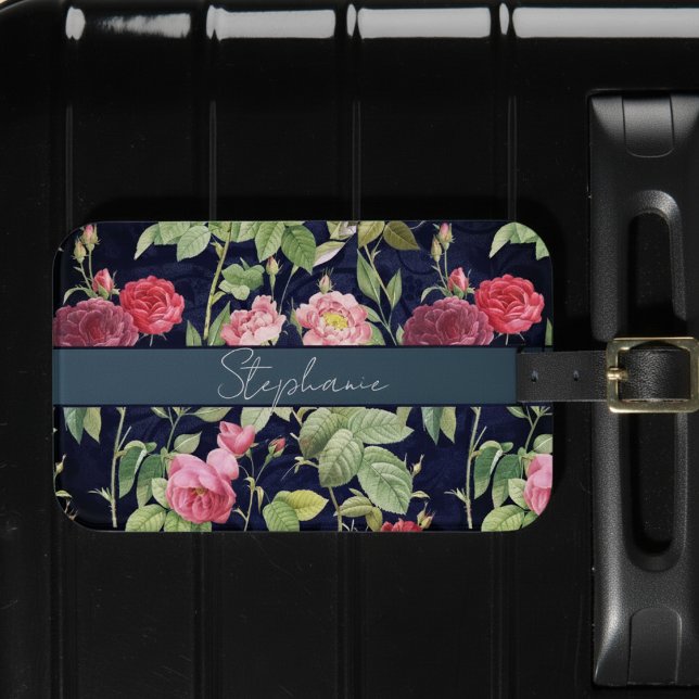 Vintage Rose auf dunkelblauen Velvet-Designnamen Gepäckanhänger (Von Creator hochgeladen)