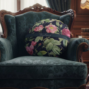 Vintage Rose auf dunkelblauen Velvet-Designnamen Rundes Kissen