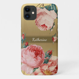 Vintage Rose auf Gold mit Name Monogram Case-Mate iPhone Hülle