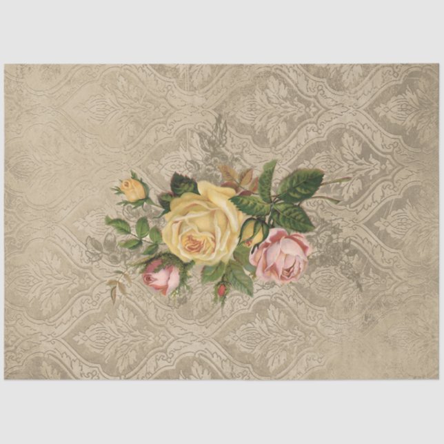 Vintage Rose auf Grungy Sepia Damask Seidenpapier (Vorderseite)