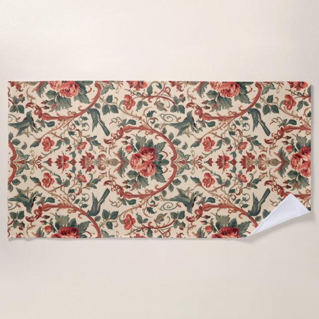 Vintage Rose & Bird Pattern Romantic Art Nouveau Strandtuch (Vorderseite)