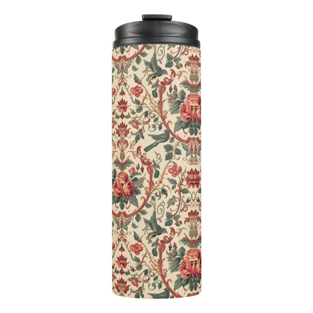 Vintage Rose & Bird Pattern Romantic Art Nouveau Thermosbecher (Vorderseite)