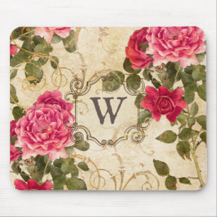 Vintage Rose Blumenrosa Damaskohle Monogramm Name Mousepad
