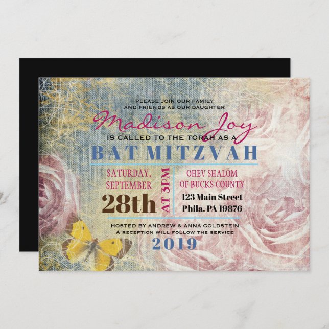 VINTAGE ROSE & BUTTERFLIES Bat Mitzvah Einladung (Vorne/Hinten)