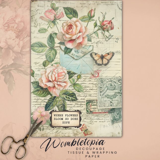 Vintage Rose & Butterfly Botanisches Ephemera Seidenpapier (Von Creator hochgeladen)