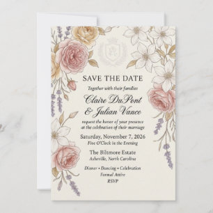 Vintage Rose, Clematis, Lavender und Crest Waterc Einladung