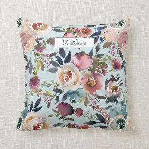 Vintage-Rosé-Creme-Grün-Blumenmuster-Watercolor na Kissen