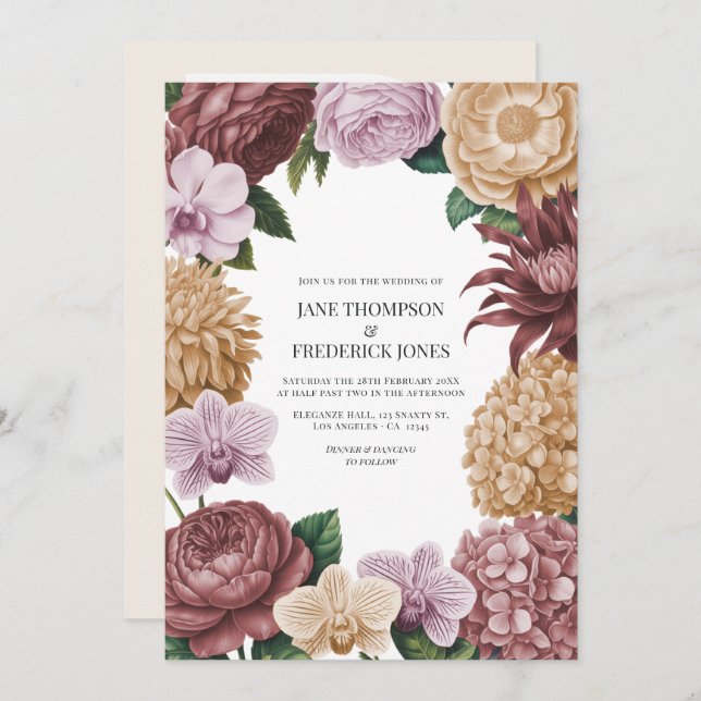 Vintage Rose, Dusty Peony & Soft Tan Wedding Einladung (Vorne/Hinten)