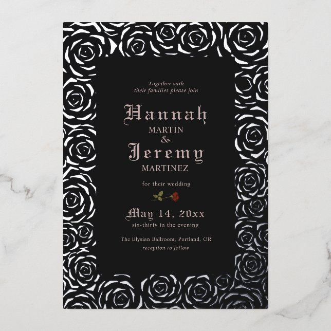 Vintage Rose Elegantes Schwarzes Silber Folieneinladung (Vorderseite)
