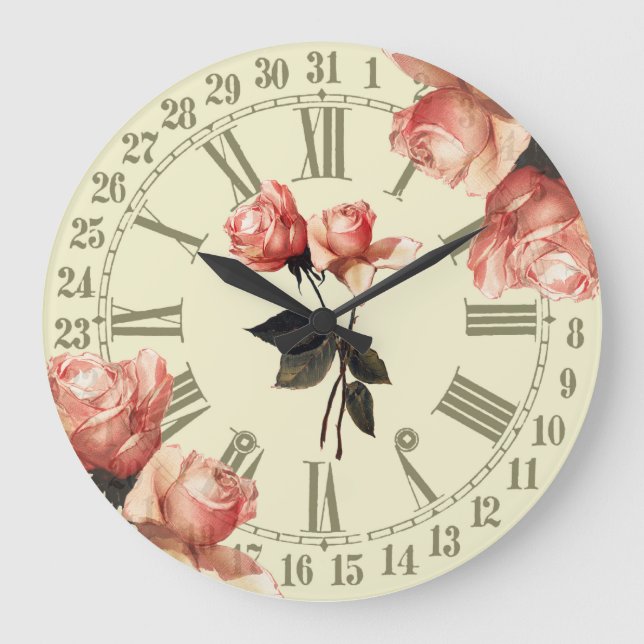 Vintage Rose Ephemera Große Uhr (Vorderseite)