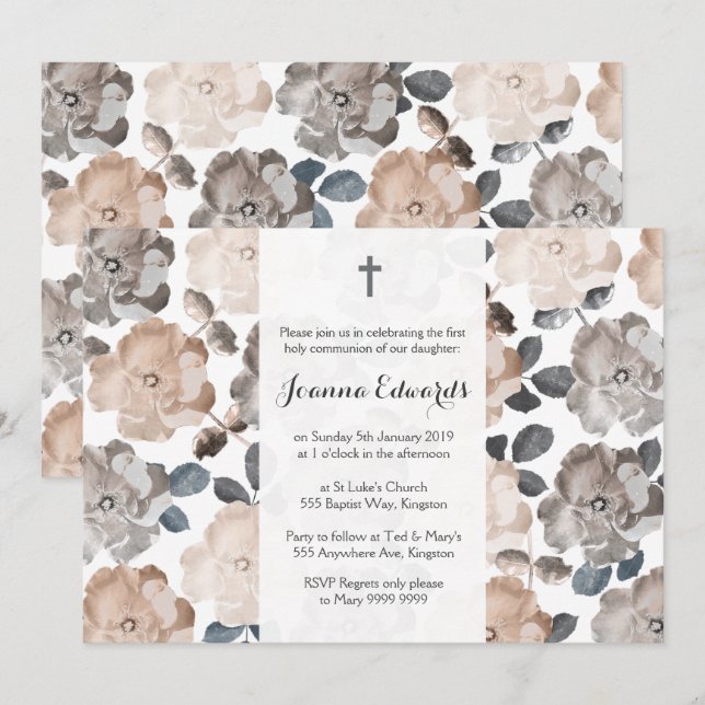 Vintage Rose Erste kommunale Taufe Einladung (Vorne/Hinten)