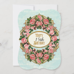 Vintage Rose Floral 15. Geburtstag Gold Glitzer Einladung