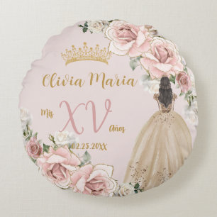 Vintage Rosé Floral Champagner Quinceañera Rundes Kissen