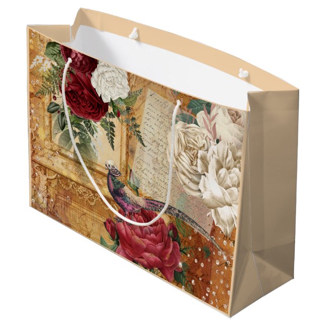 Vintage Rose Glitzer Fasan Letter-Skript Große Geschenktüte (Rückseite Schrägansicht)