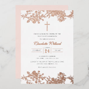 Vintage Rose Gold Cross Girls Erste Kommune Folieneinladung