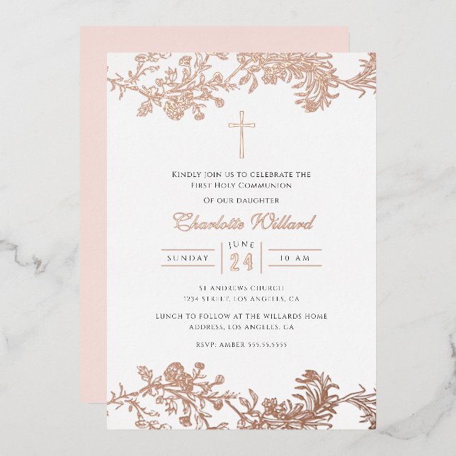 Vintage Rose Gold Cross Girls Erste Kommune Folieneinladung (Vorderseite/Rückseite)