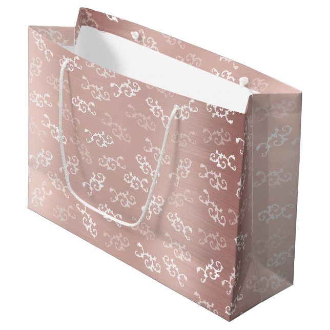 Vintage Rose Gold Damask Muster Große Geschenktüte (Vorderseite Schrägansicht)