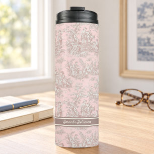 Vintage Rose Gold Französische Toile de Jouy Thermosbecher