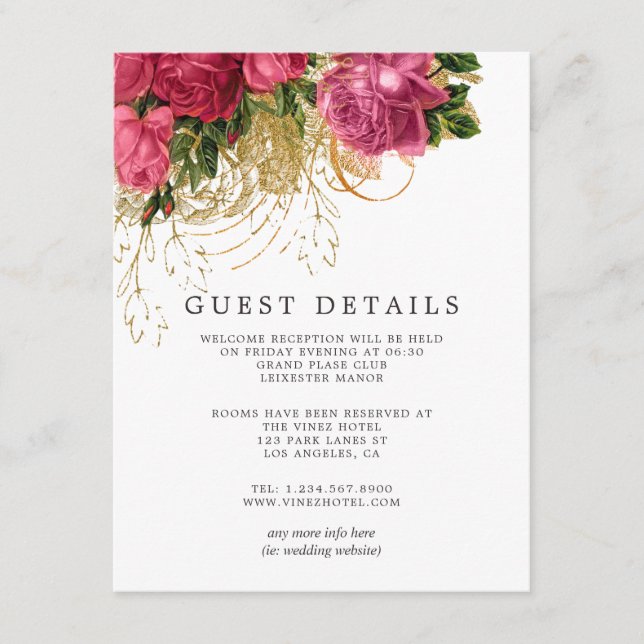 Vintage Rose Gold und Blush Wedelgastdetails Begleitkarte (Vorderseite)