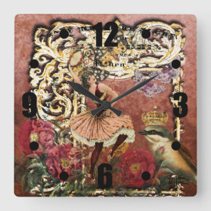 Vintage Rose Gypsy Tänzerin Französische Collage Quadratische Wanduhr