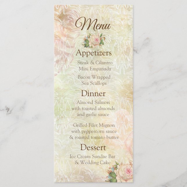 Vintage Rose Hochzeitskarte in Pastellrosa Menükarte (Vorderseite)