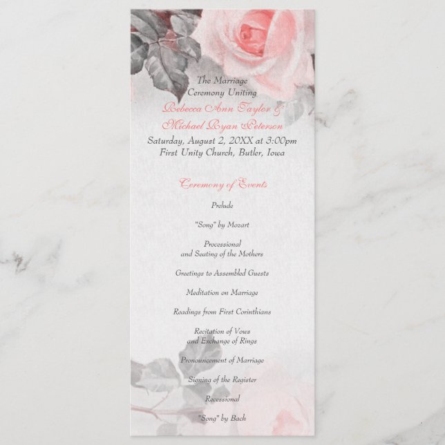 Vintage Rosé-Hochzeitsprogramm in Blush-Pink Programm (Vorderseite)