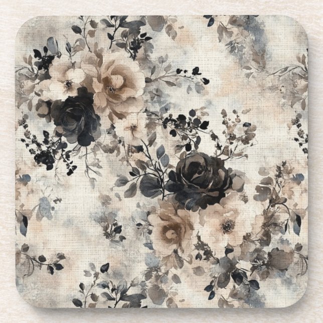 Vintage Rose in Beige, Schwarz, Creme Getränkeuntersetzer (Vorderseite)