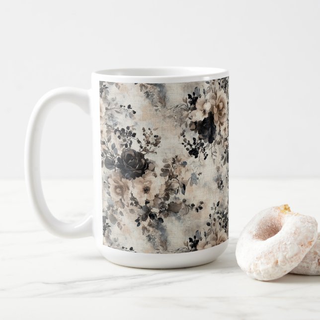 Vintage Rose in Beige, Schwarz, Creme Kaffeetasse (Mit Donut)