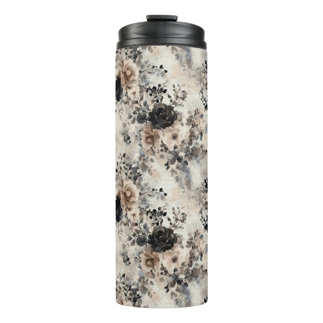 Vintage Rose in Beige, Schwarz, Creme Thermosbecher (Vorderseite)