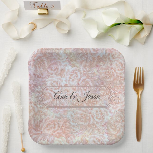 Vintage Rose in Creme - blühend, personalisiert Pappteller (Hochzeit)