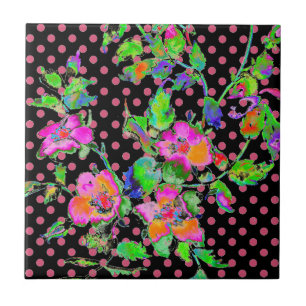 Vintage-Rose in Rosa mit schwarzen/rosa Punkten Fliese