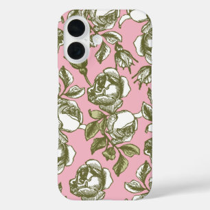 Vintage Rose in Weiß und Golden Ton auf Rosa iPhone 16 Hülle