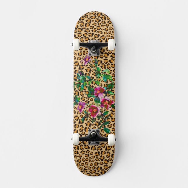 Vintage Rose - Leopardendruck Skateboard (Vorderseite)