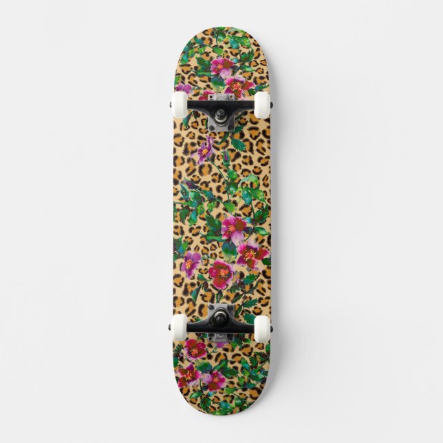 Vintage Rose - Leopardendruck Skateboard (Vorderseite)