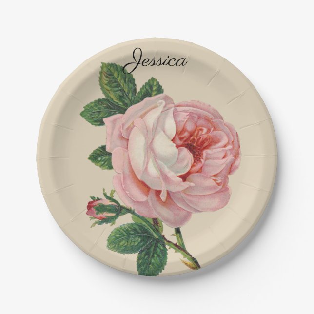 Vintage Rose mit Ihrem Namen Pappteller (Vorderseite)