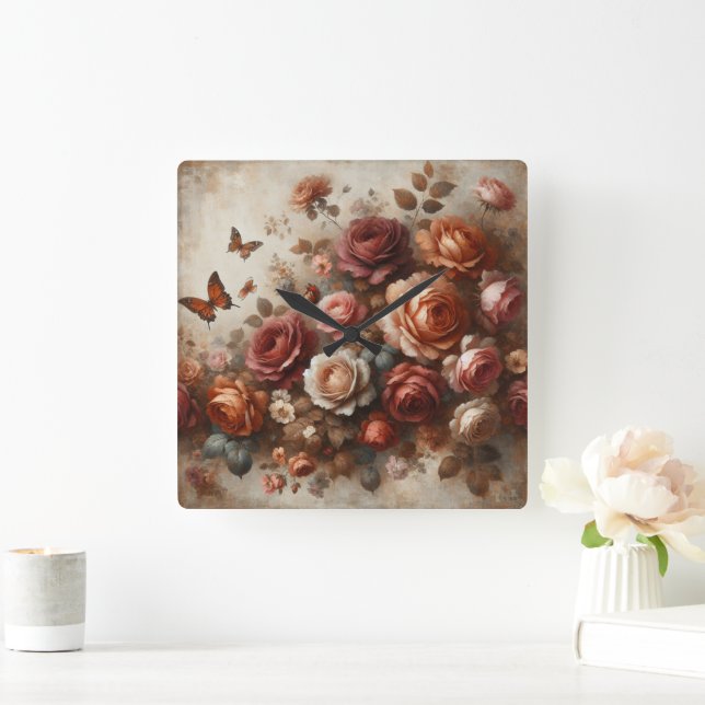 Vintage Rose mit Schmetterlingen Quadratische Wanduhr (Zuhause)