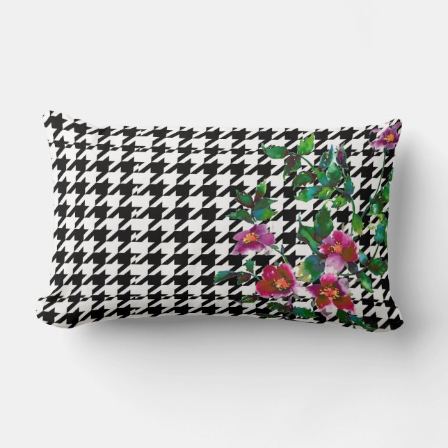 Vintage Rose mit schwarz-weißem Hundezahn Lendenkissen (Vorderseite)