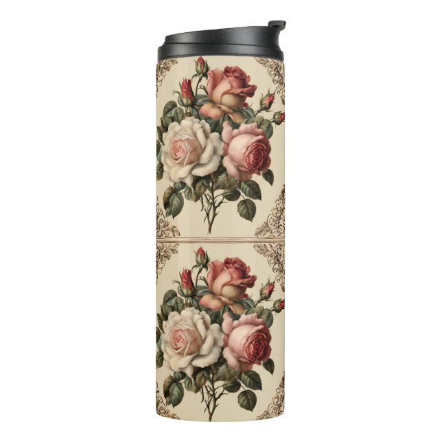 Vintage Rose Muster Viktorianischer Stil Thermosbecher (Nach links gedreht)