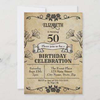 Vintage Rose Ornament Pergament 50. Geburtstag Einladung