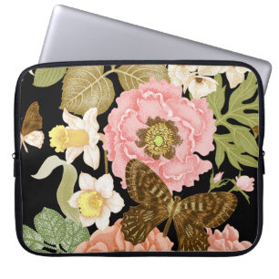 Vintage Rose Peonys: Schwarzes Blumenmuster Laptopschutzhülle