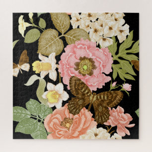 Vintage Rose Peonys: Schwarzes Blumenmuster Puzzle