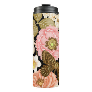 Vintage Rose Peonys: Schwarzes Blumenmuster Thermosbecher