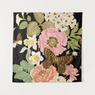Vintage Rose Peonys: Schwarzes Blumenmuster Wandteppich