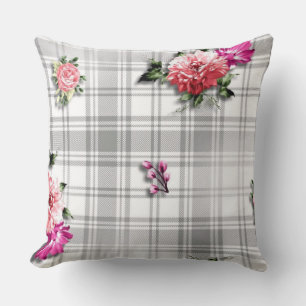 Vintage-Rose-Pfingstrosen auf grauem Karo-Blumenki Kissen