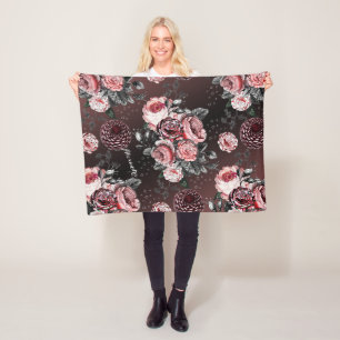 Vintage Rose Rosa Lila und schwarzes Muster Fleecedecke